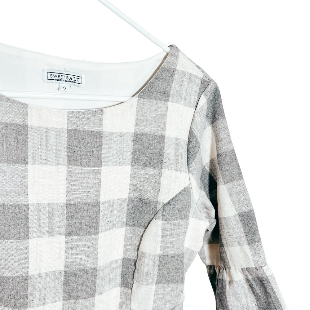 Sweet Salt: Gray and White modest Plaid Dress with Elegant ruffle flare sleeves - Picture 2 of 4